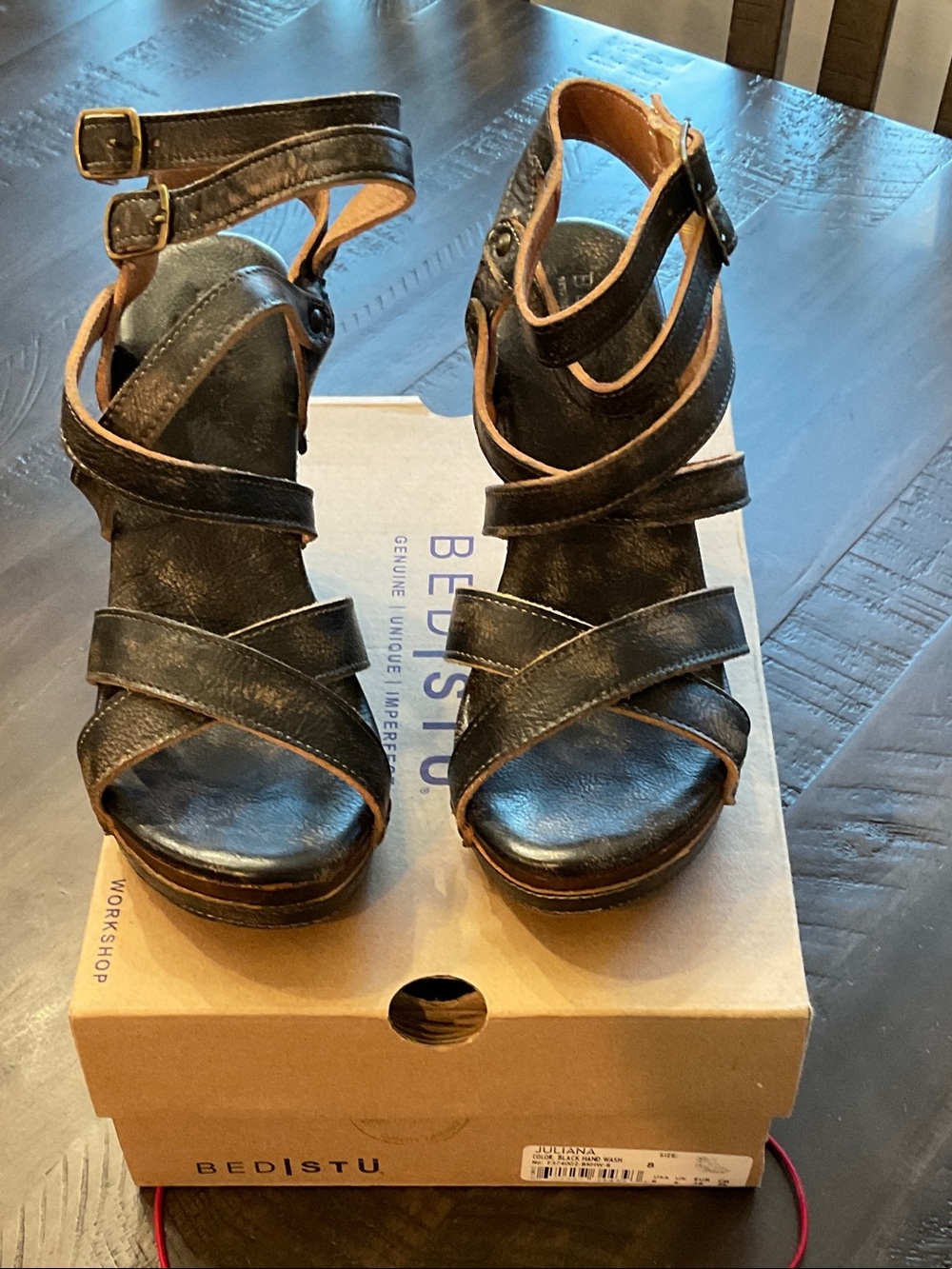 BED|STU Black Leather Crisscross Ankle Wedge Sandals
